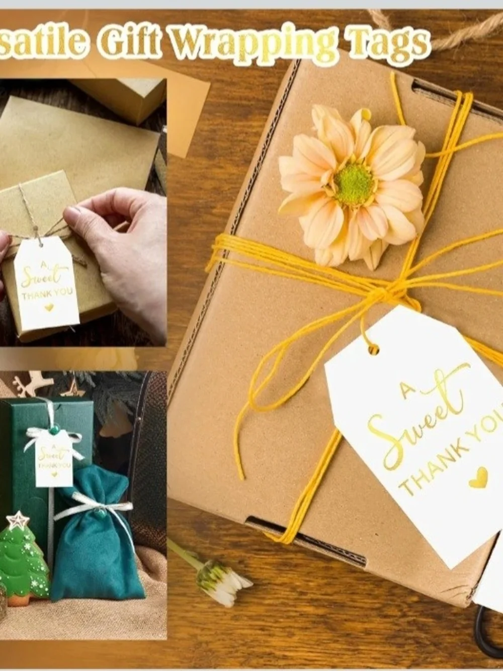 50pc White Gold Thank You Gift Tags w/ String Wedding Party Favor Tags